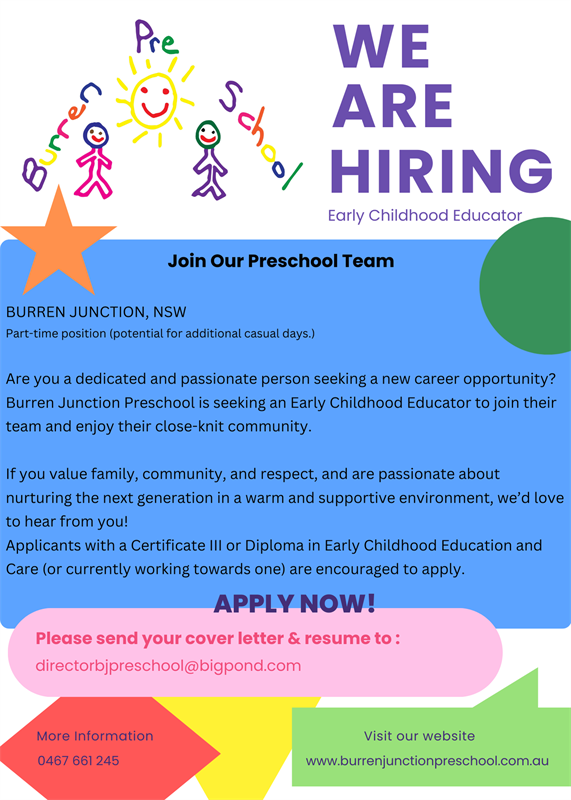 Burren Junction Preschool is hiring an Early Childhood Educator